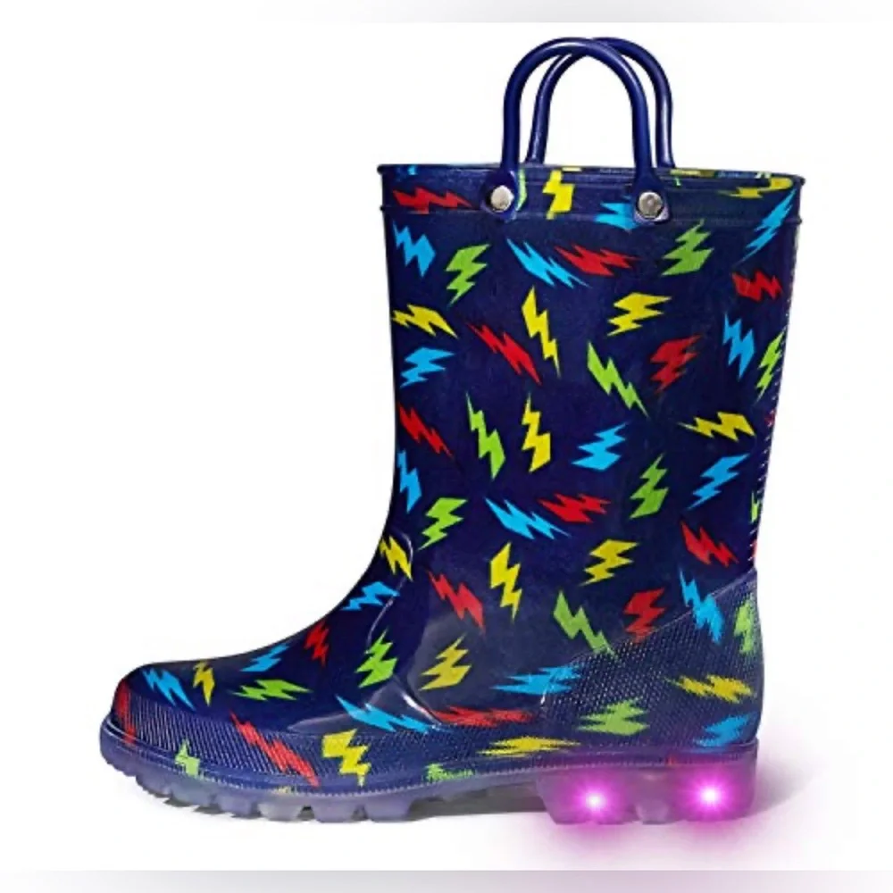 NEW Toddler Light Up Rainboots Rainbow Little Girl‎ Boy Blue Waterproof Kids 10